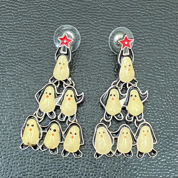 Enameled Christmas Tree Penguin Earrings - Picture 3 of 12